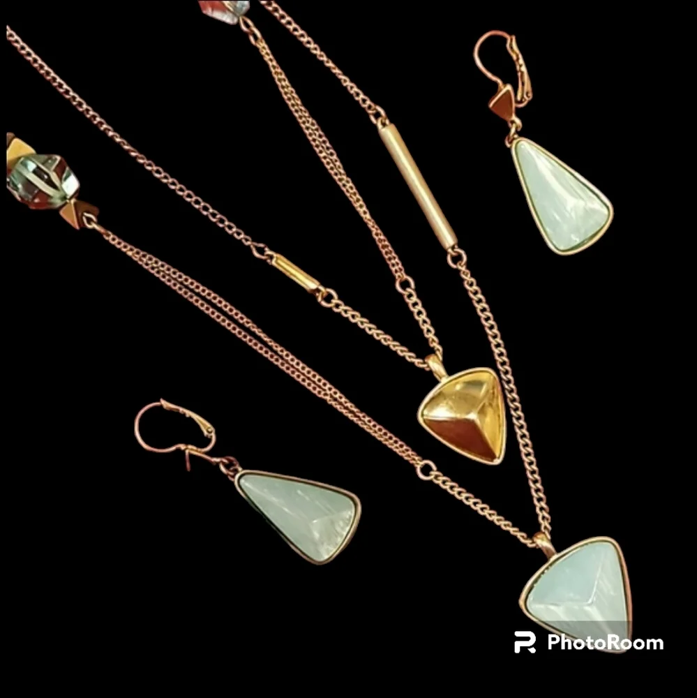 Vintage Kenneth Cole Multi-Layer Chain Necklace and Earrings Set Sea Foam Green
